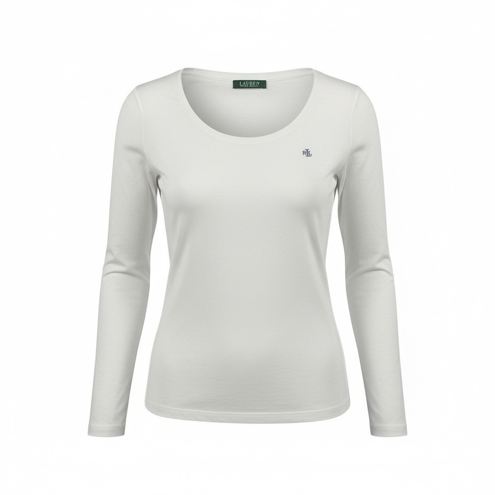 LAUREN RALPH LAUREN Womens Large White Long Sleeve Knit Top Cotton‎ Stretch